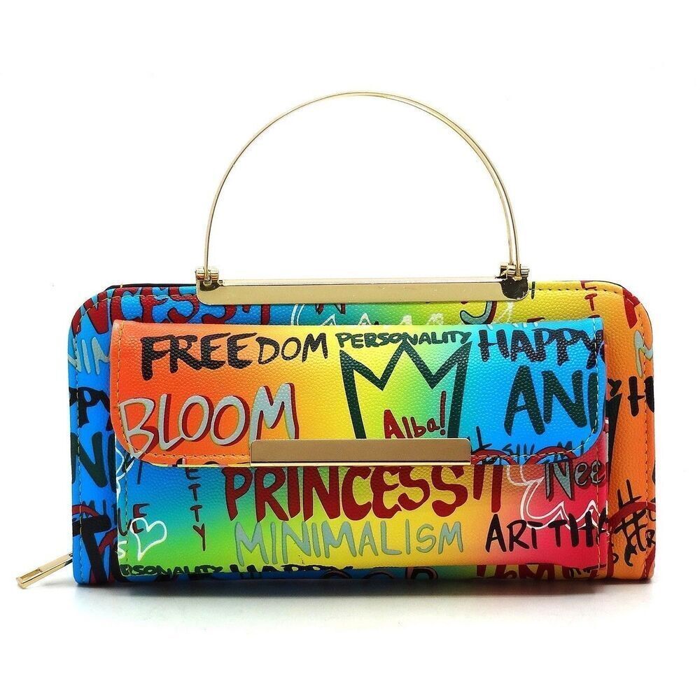 Women's Multi Graffiti Print Round Top Handle Crossbody Bag Clutch Wallet